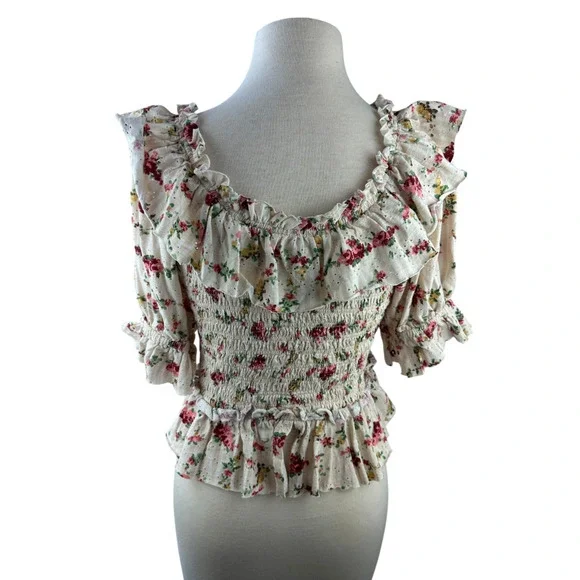 Free People Favorite Girl Top Romantic Floral Ruffle Smocked Boho Cottagecore Sm - Picture 11 of 16
